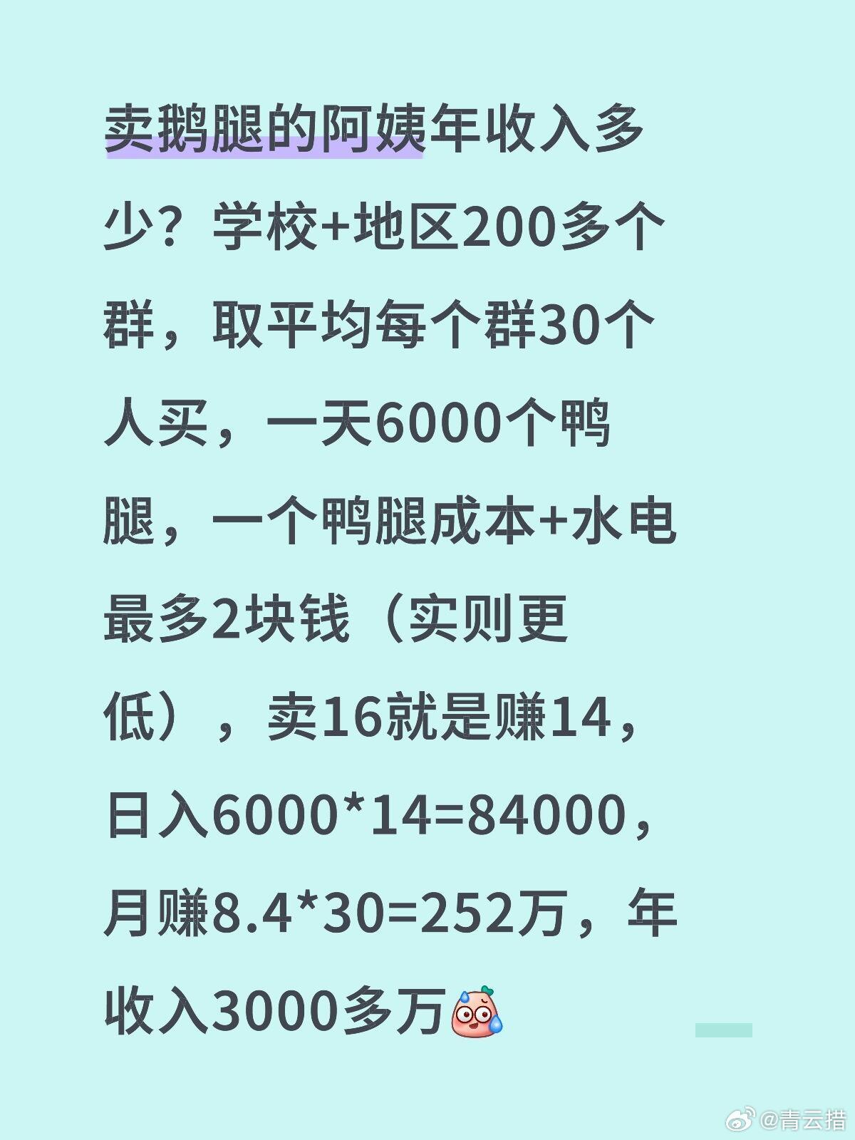 鹅腿阿姨年收入多少？网友统计，学校+地区200多个群，取平均每个群30个人买，一