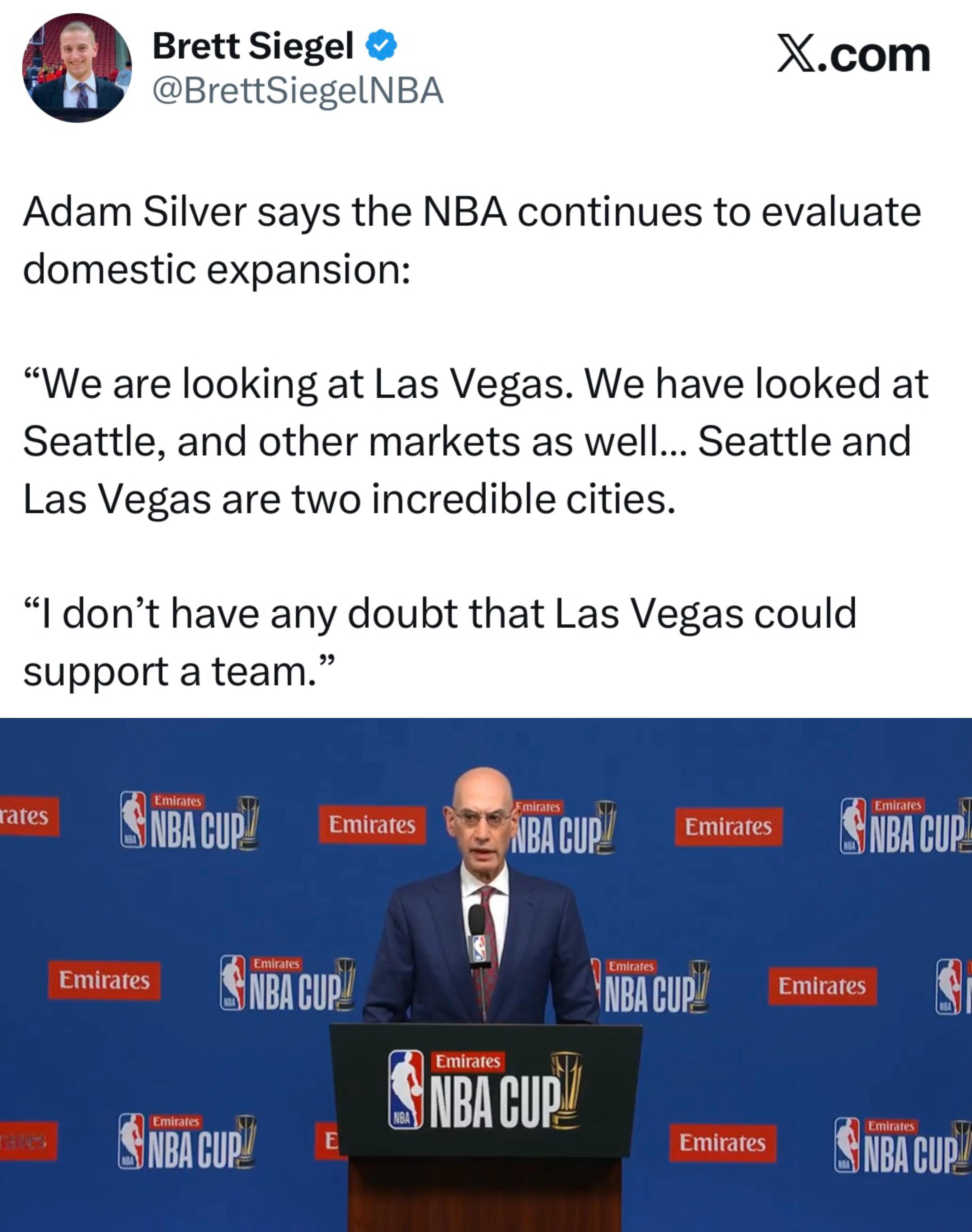 肖华表示NBA仍在评估美国国内的球队扩张：“我们正在考察拉斯维加斯，也考察过西雅