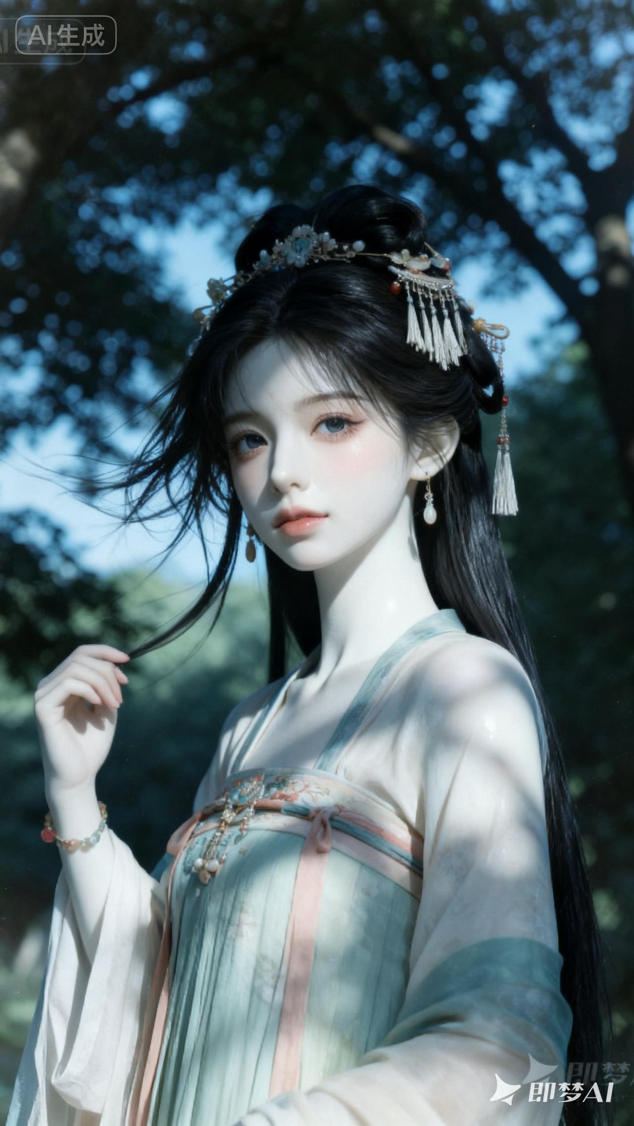 梦幻古风少女，绿意盎然中翩翩起舞
