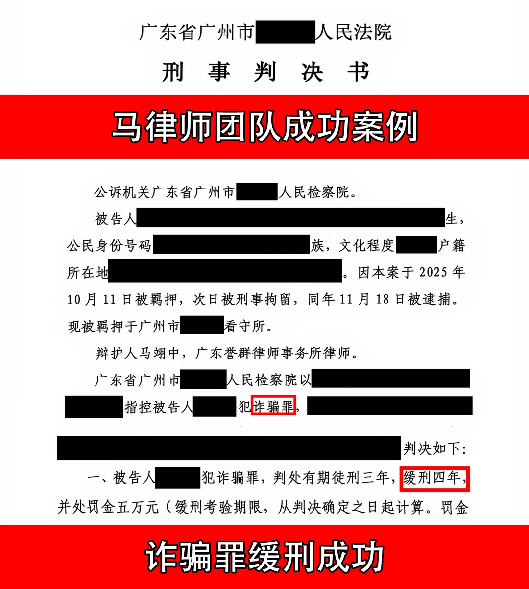 马律师团队成功案例：诈骗罪缓刑成功