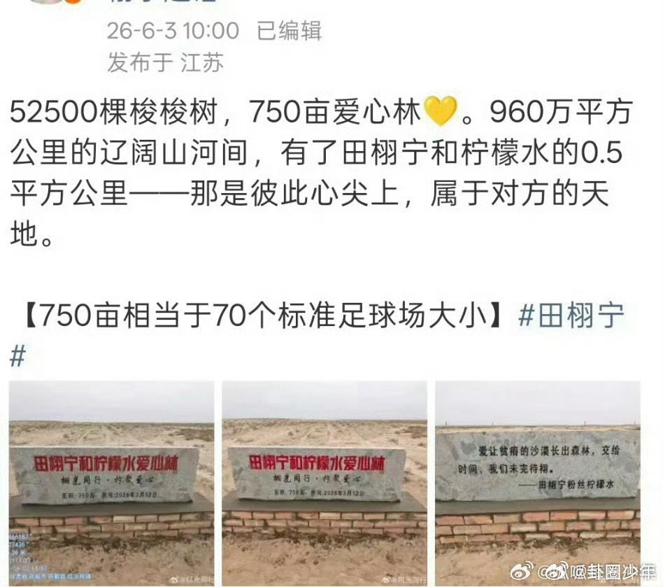 田栩宁粉丝捐赠52500棵梭梭树田栩宁粉丝捐赠750亩梭梭树750亩土地，约等于