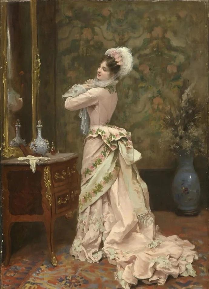 法国画家鲁格隆1877年的作品《梳妆》，记录了19世纪巴黎中产阶级女性的日常优雅