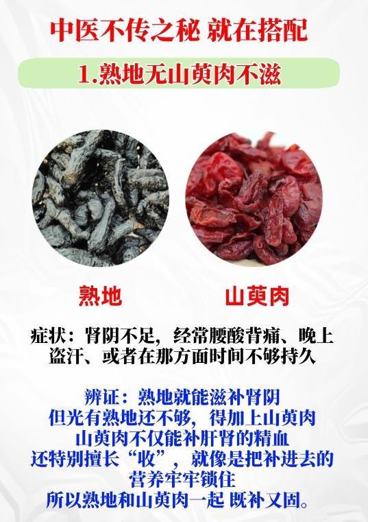 中医不传之秘在量，更在搭配！

1.熟地+山萸肉=滋补肝肾

2.菟丝子+沙苑子