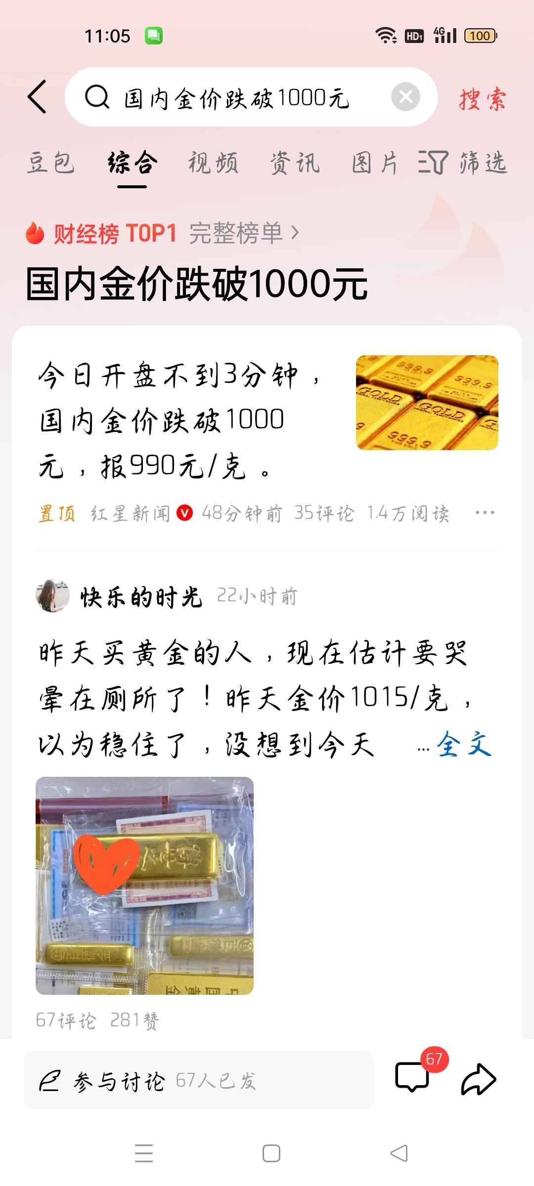国内金价跌破1000美元，我想说
据红星新闻报道，今日开盘不到3分钟，国内金价跌
