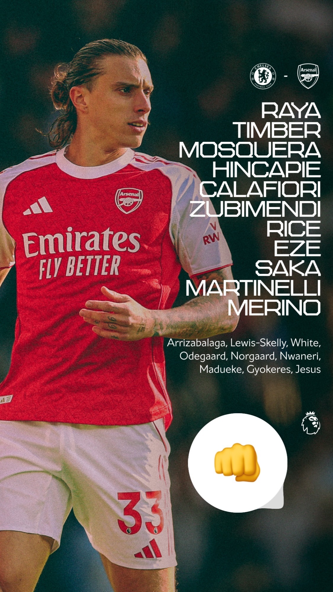 大战试验全新中卫组合！热苏斯约克雷斯复出！替补席待命！切尔西vs阿森纳