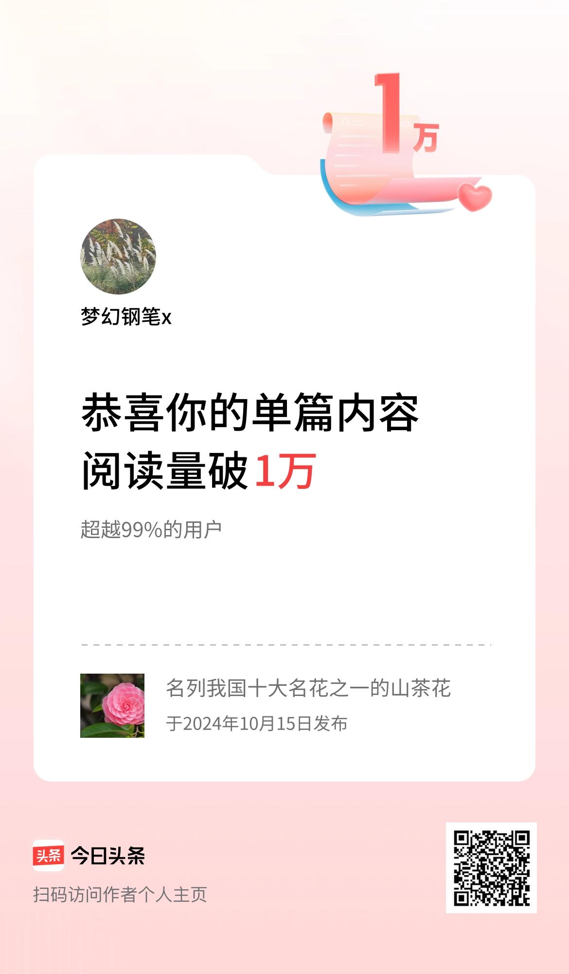 单篇内容获得阅读量破1万啦！单篇内容获得阅读量破1万啦，继续努力加油。