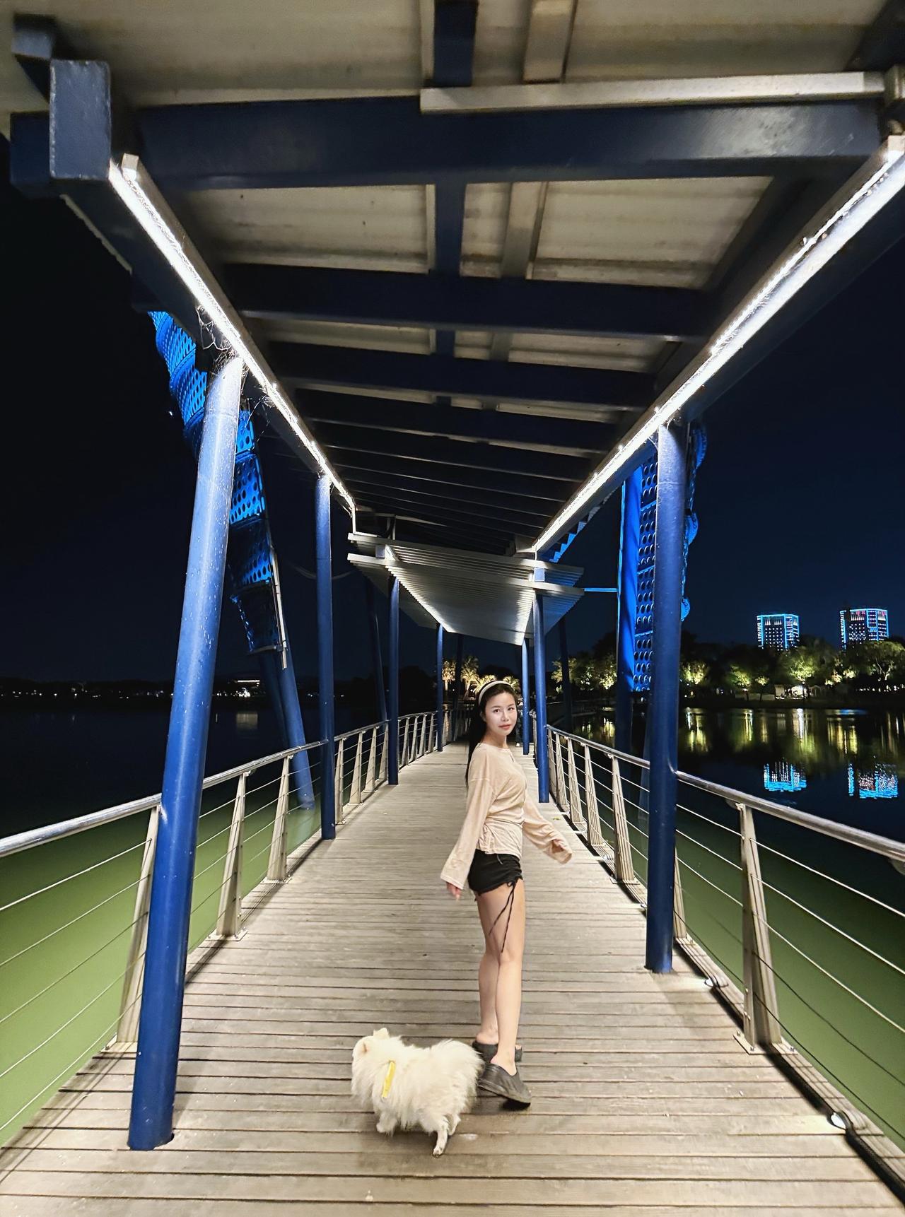 夜晚湖边氛围感随拍 夜景桥边 湖边ootd打卡 和小狗一起吹吹晚风 河边氛围感o