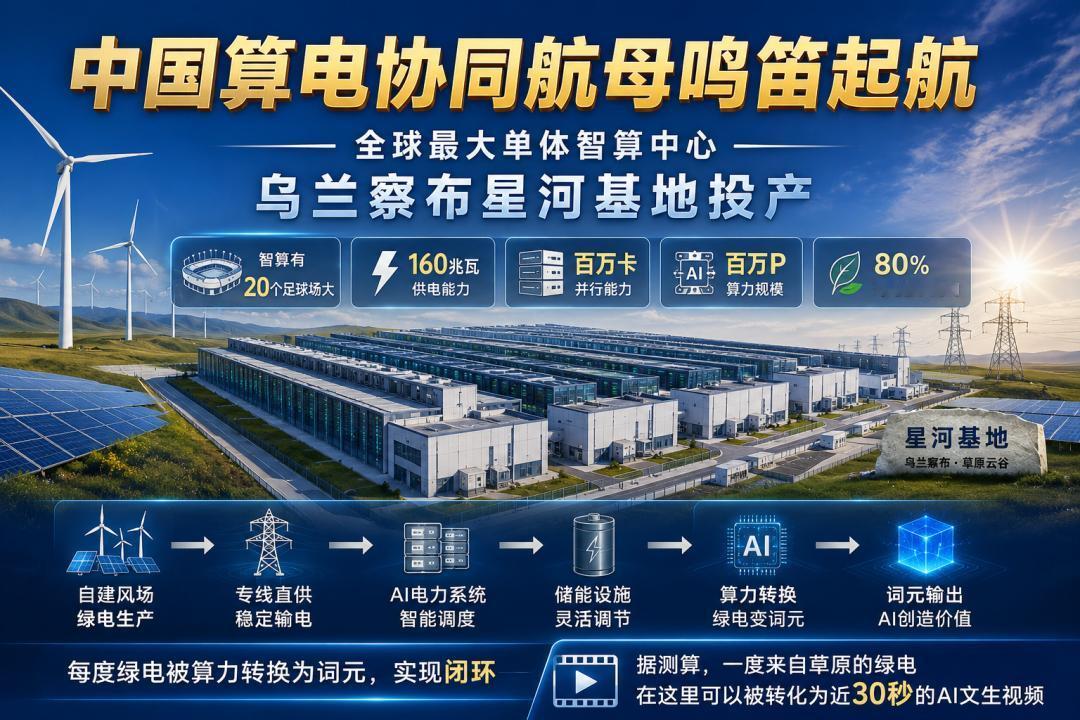 中国算电协同航母鸣笛起航
 全球最大单体智算中心——乌兰察布星河基地投产 智算中