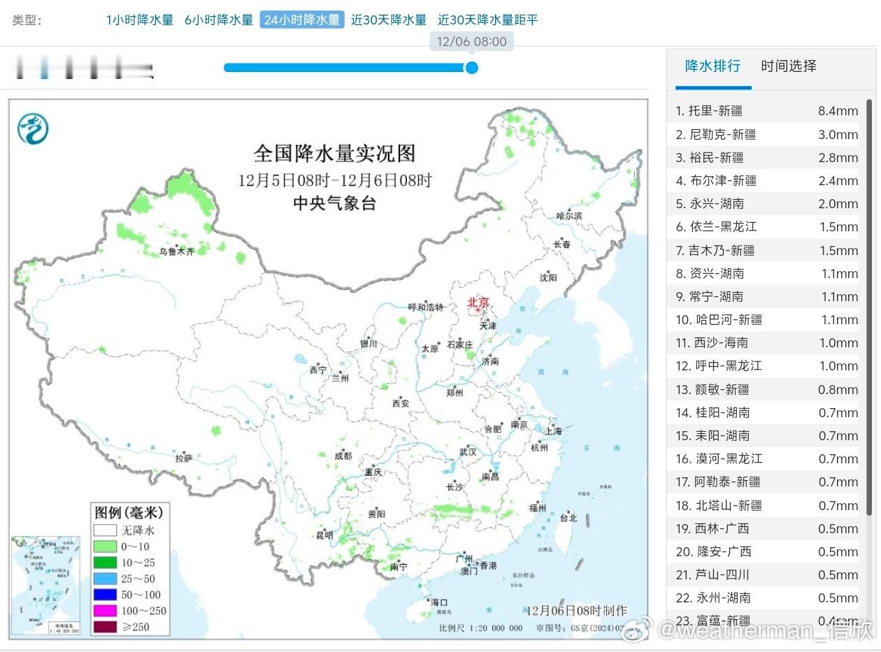 【降水和干燥】昨天到今晨，我国雨雪稀少，新疆北部托里出现了大雪。我国其他地区无明