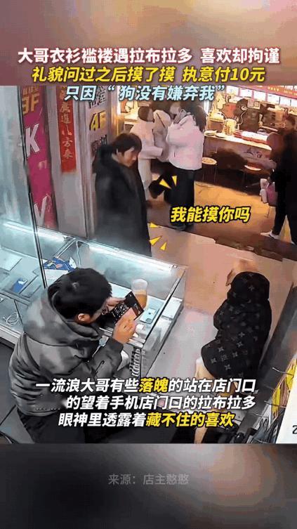 看哭了！山西一手机店来了一位流浪汉大哥，他默默的站在一旁，看着眼前的小狗，眼里透