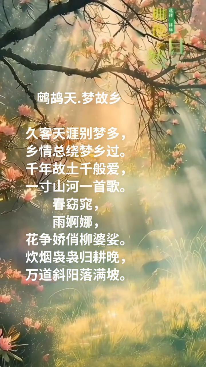 鹧鸪天.梦故乡。
久客天涯别梦多，乡情总绕梦乡过。
千年故土千般爱，一寸山河一首