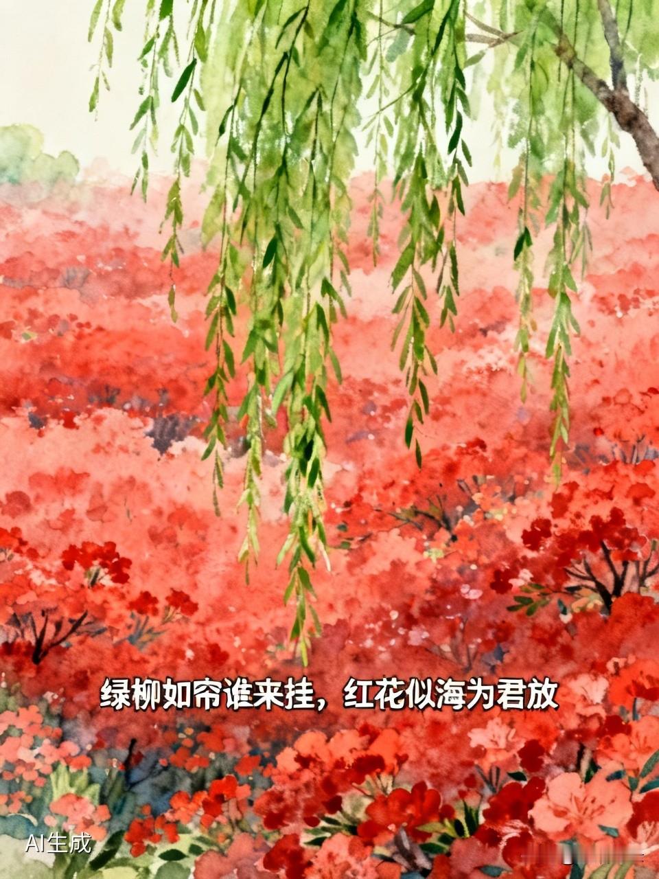 “绿柳如帘谁来挂，红花似海为君放”，这诗句描绘的画面太美啦。想象一下，那嫩绿的柳