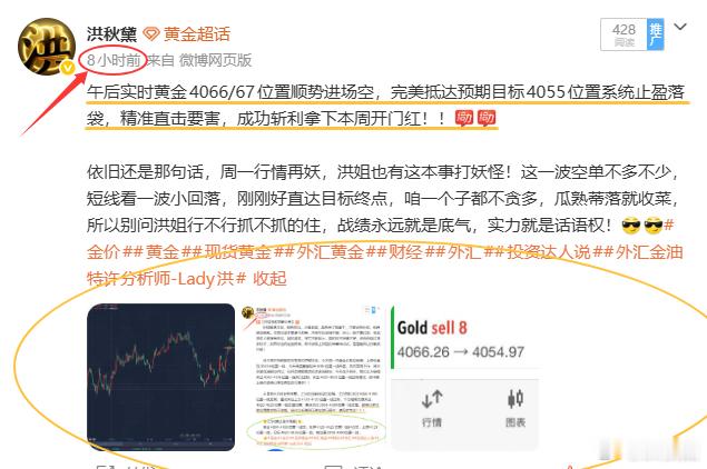 欧盘黄金4066/67位置顺势进场空，完美抵达预期目标4055位置系统止盈落袋，