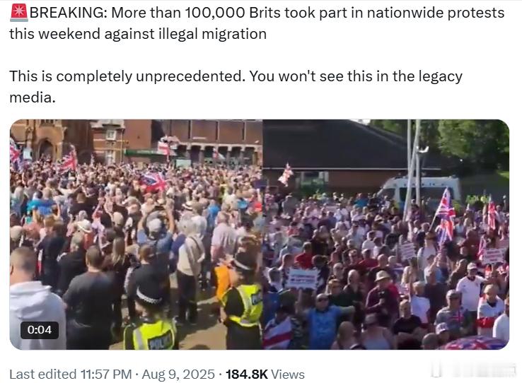 本周末，超过10万名英国民众参加了全英范围内反对非法移民的抗议活动。这是前所未有