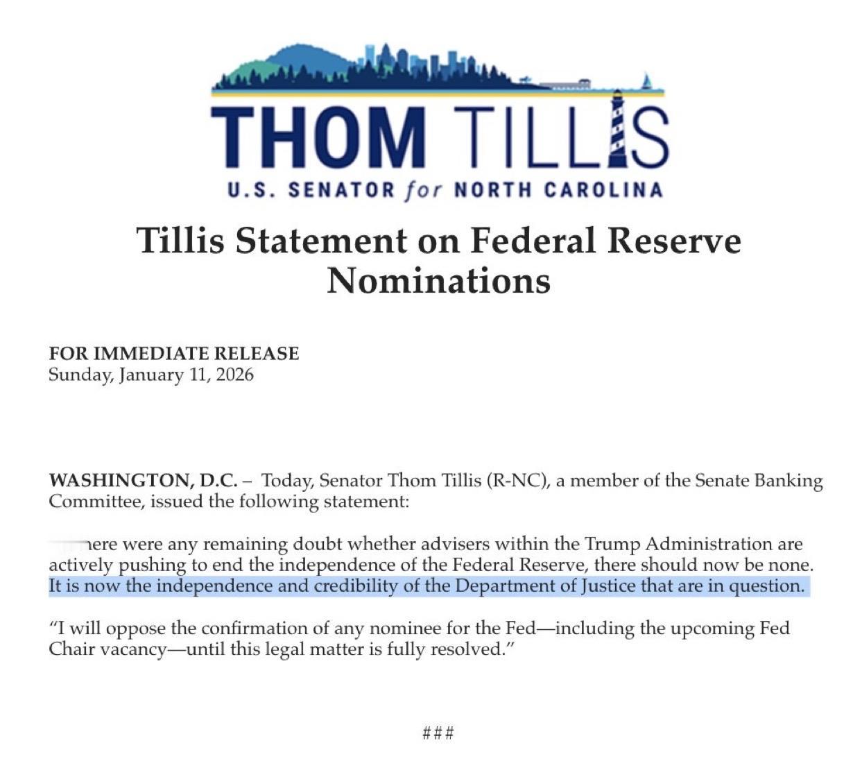 美国共和党参议员（来自北卡罗来纳州）汤姆.蒂尔斯发表声明指责特朗普政府将司法部武