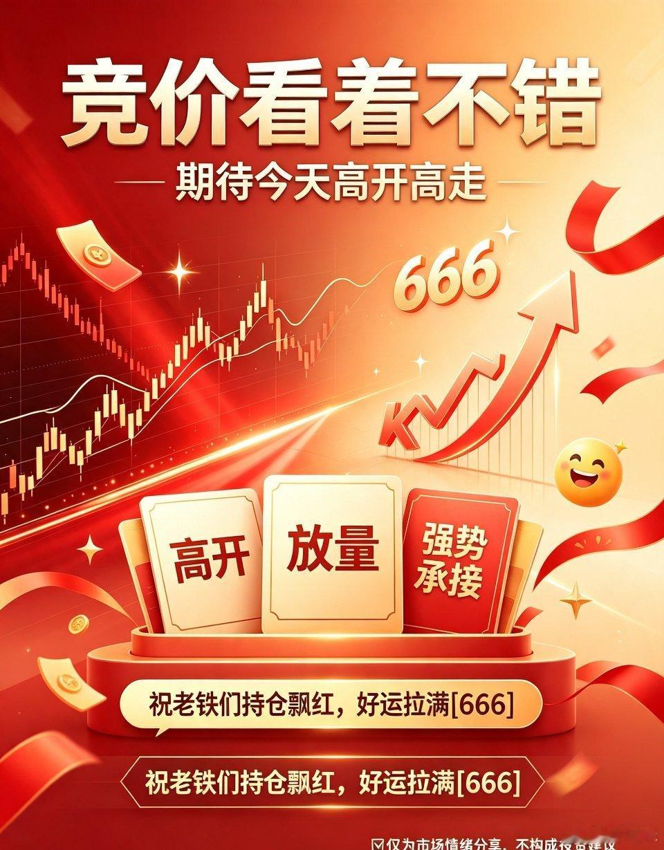 今天集合竞价盘面全线向好，期待多数标的高开高走，持仓全线飘红，各位老铁好运拉满A
