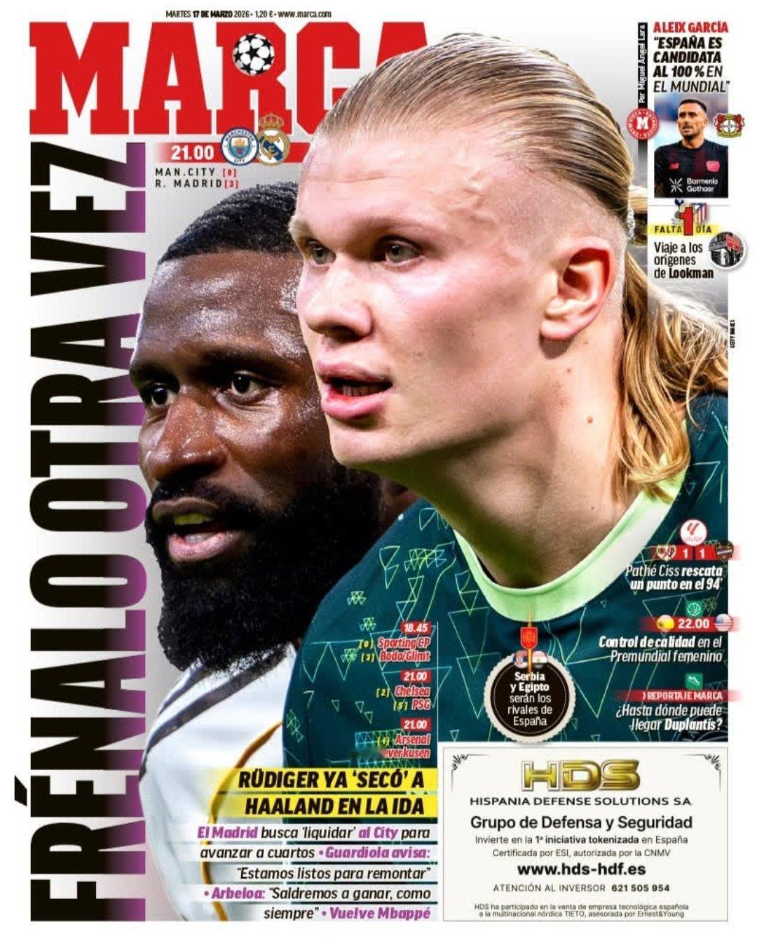 皇马 《马卡》再阻止曼城一次吕迪格在首回合成功拦住了哈兰德皇马寻求耗尽曼城，晋级