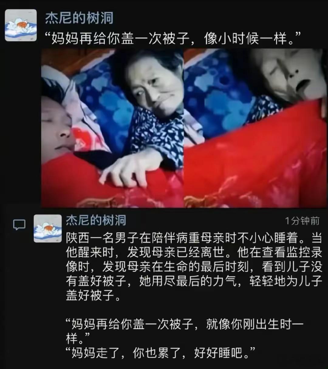 这个母亲是幸福的，没有遗憾的走了，这个儿子也是幸福的，在母亲的最后一刻，还感受到