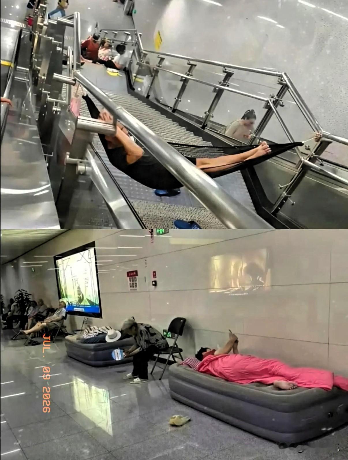 这些地铁站乘凉的人，
根本不是因为开不起空调，
也不是买不起空调，而是为了减少
