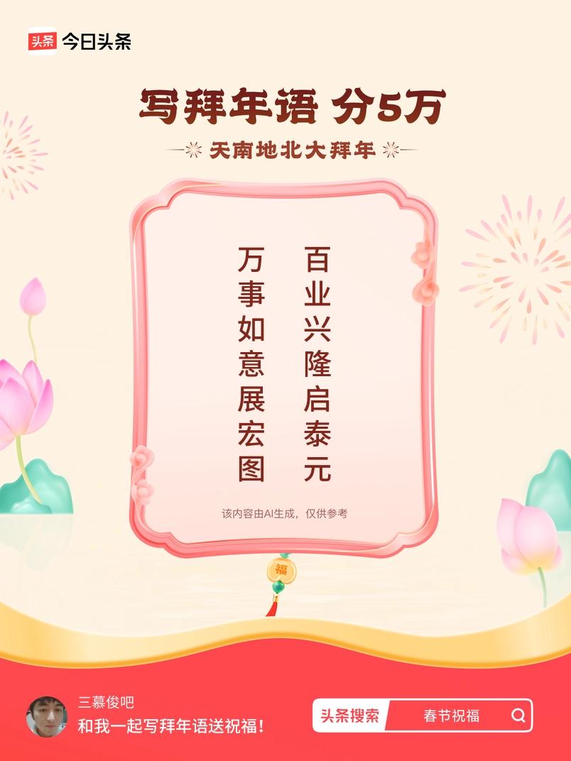 写拜年语送祝福新春拜年送祝福！我的祝福是：“万事如意展宏图，百业兴隆启泰元”！快