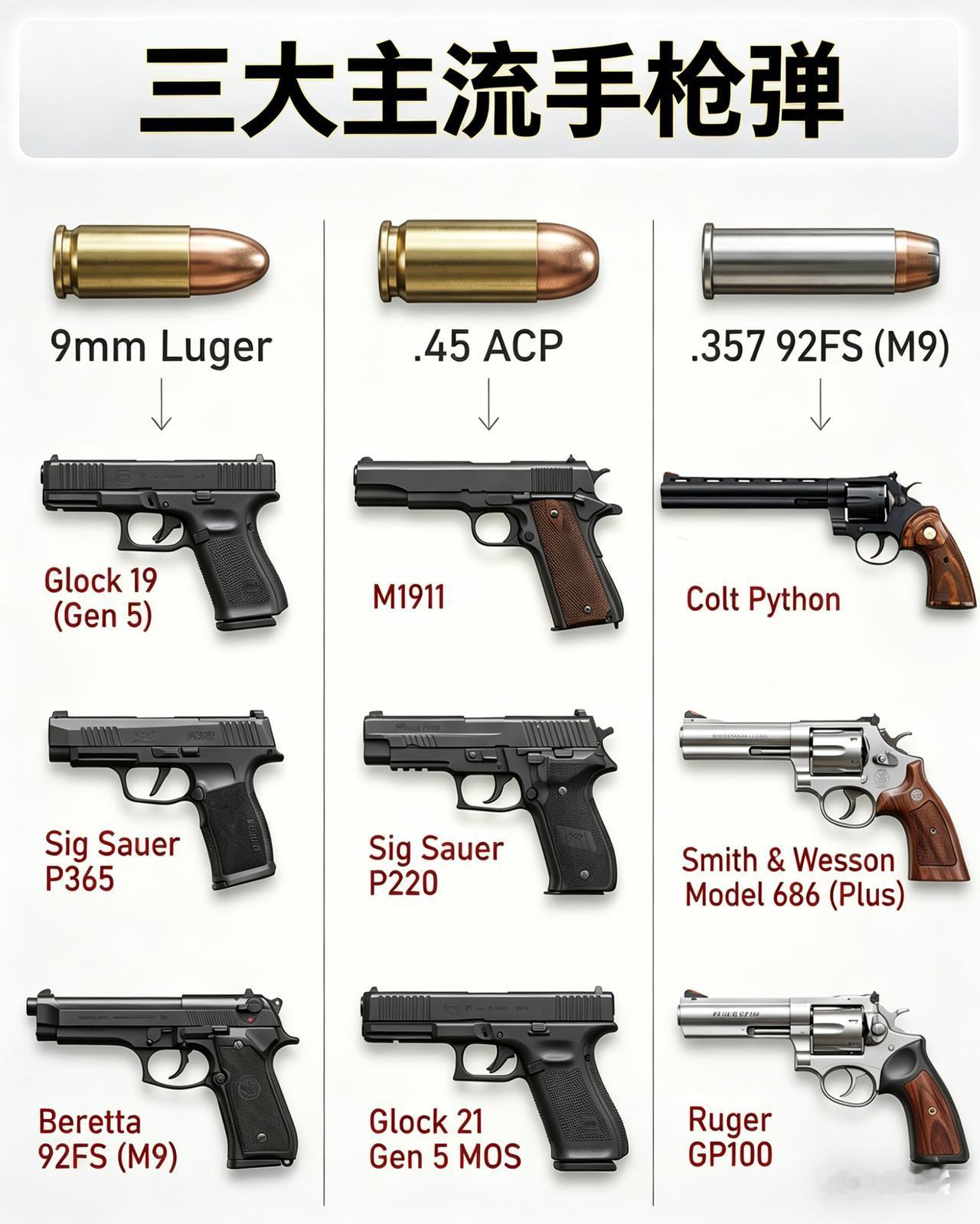 一张图看懂三种最具代表性的手枪弹，以及它们各自的“明星枪型”👇

🔹9mm 