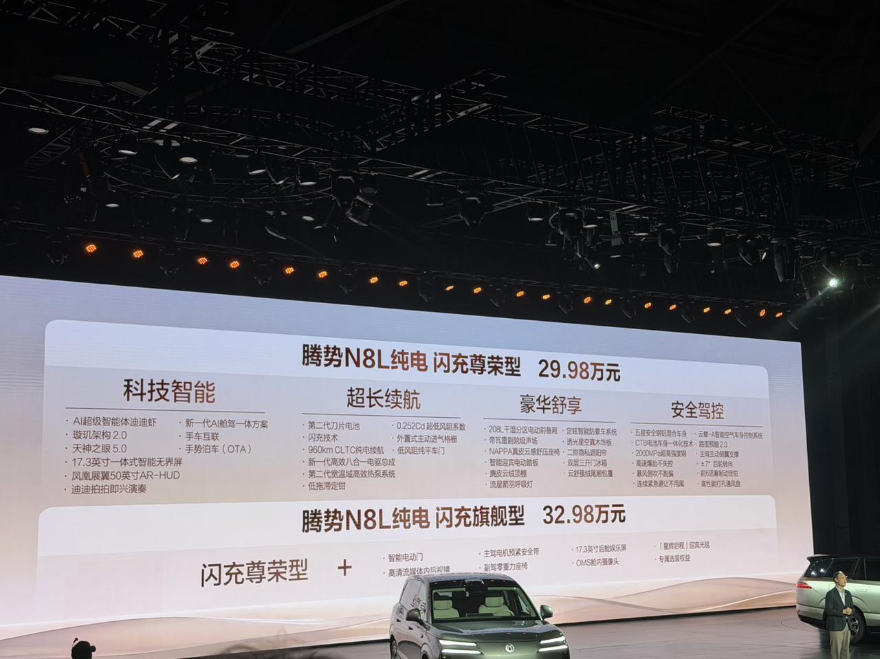 腾势N8L纯电价格、亮点、行业竞争力总结：
1、官方售价29.98‑32.98万