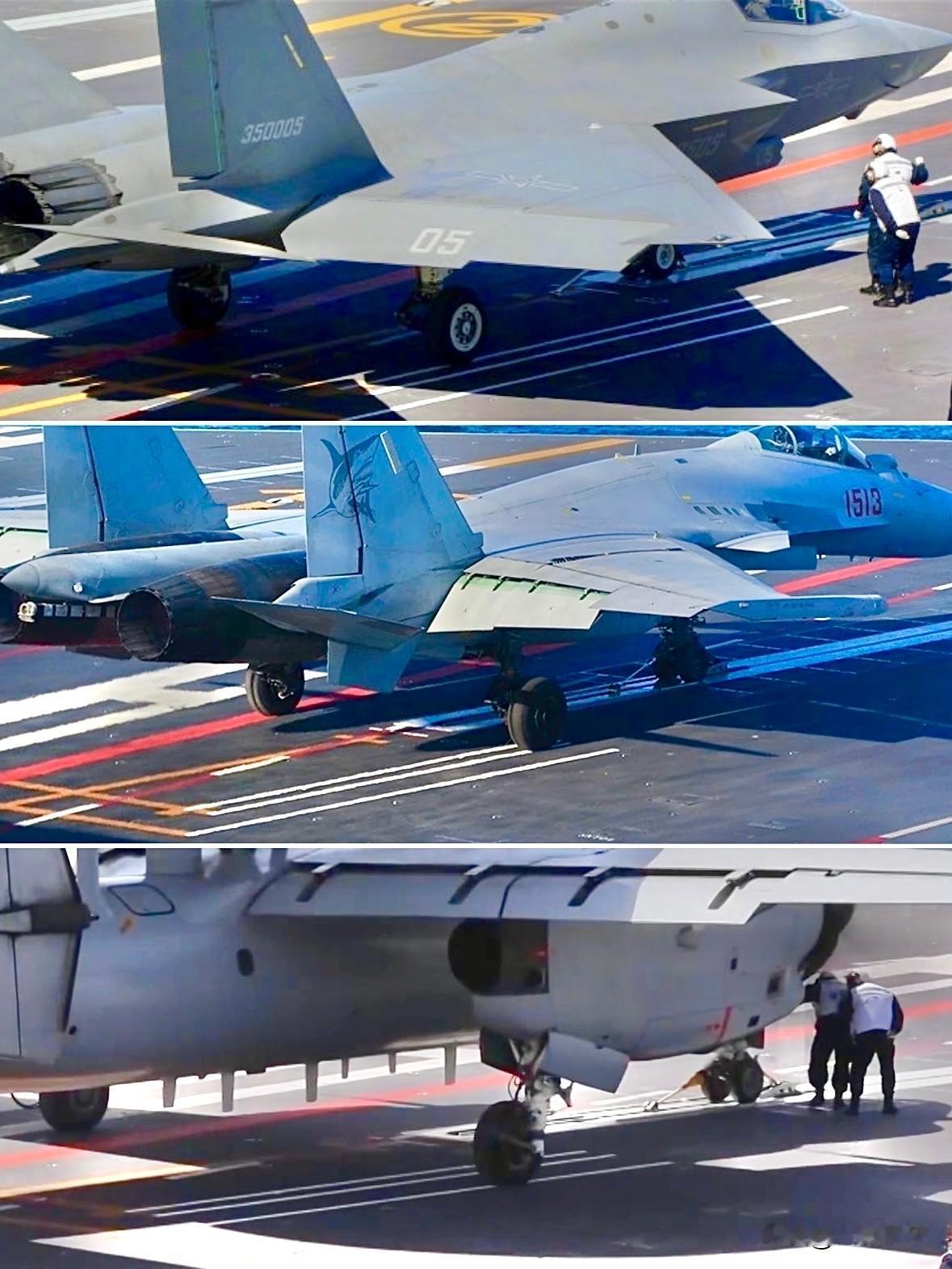 一图看清3款舰载机主起落架轮距的区别。每个弹射起点右侧有3条平行标线，代表着三款