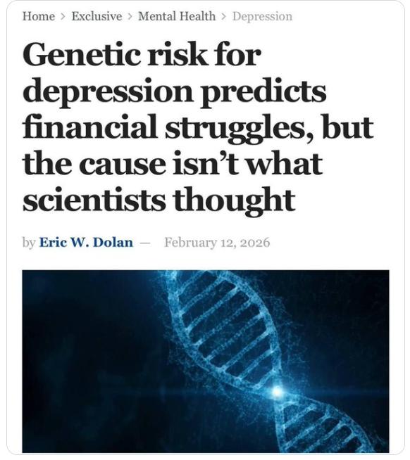 【抑郁症基因并不会导致贫穷——事实远比这复杂。】一项研究发现，一个人的抑郁症遗传