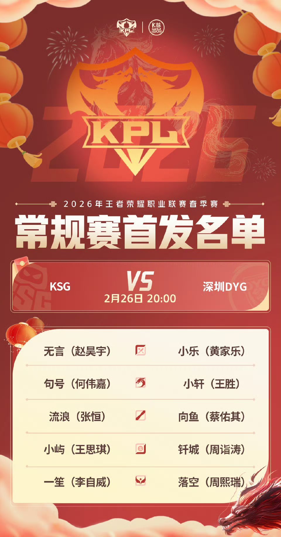 2026KPL春季赛今日首发名单 无言重回首发 