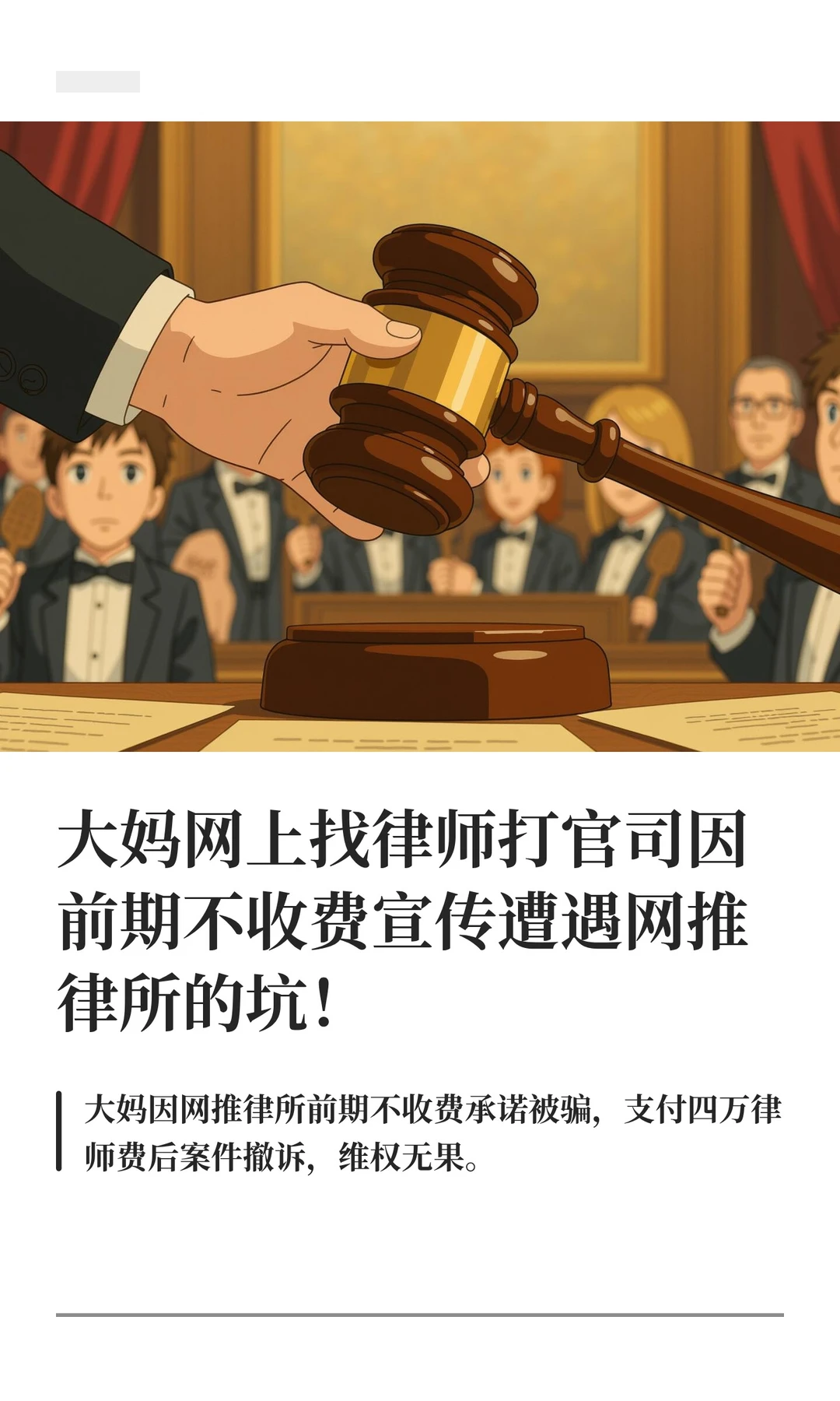 大妈网上找律师打官司因前期不收费宣传遭遇