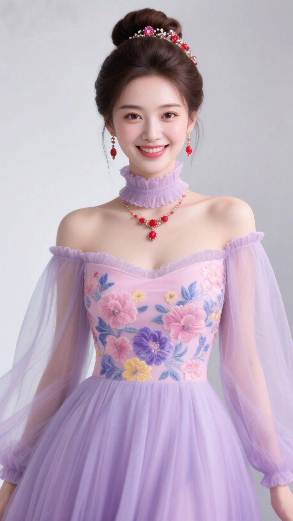 浅紫绘温柔
 
柔紫纱裙似揽住了春日的清浅烂漫，轻透的袖摆如烟似雾，裙身绣就的繁