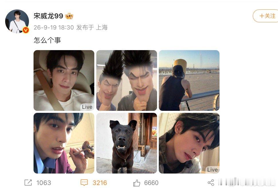 【宋威龙又晒抽象自拍，宋威龙晒刺头特效照】9月19日，发博晒日常，并配文“怎么个