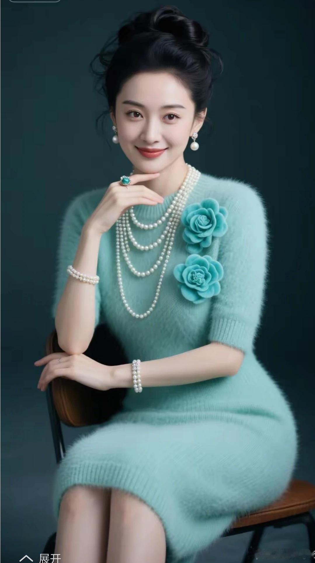 东方佳人，国色天香
面若桃花，精致妆容
端庄五官，青色织裙
托腮端坐，优雅温柔