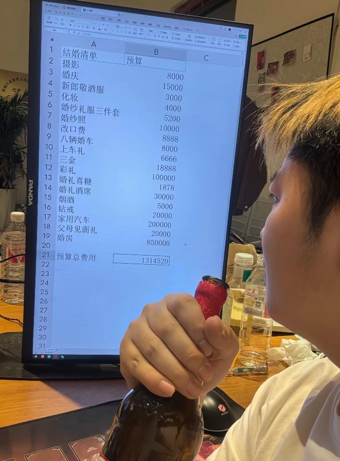 兄弟对着电脑，拿着酒瓶，盯着这份结婚预算表发呆。 大大小小项目列得清清楚楚，从摄
