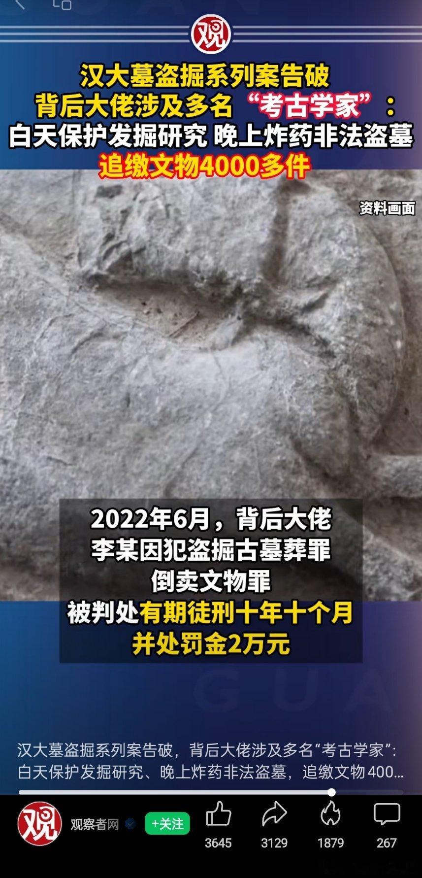 🔻汉大墓盗掘系列案告破，背后大佬涉及多名“考古学家”：白天保护发掘研究，晚上炸