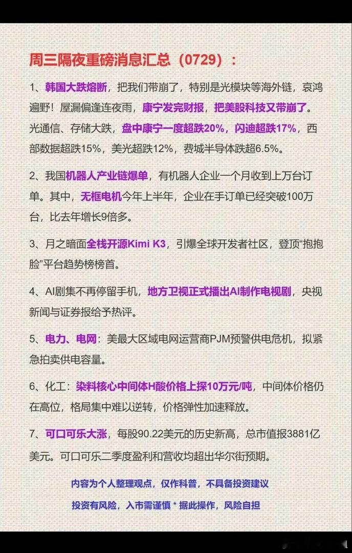 7.29周三  隔夜：财经消息汇总！1.半导体2.机器人3.开源kimi大模型4