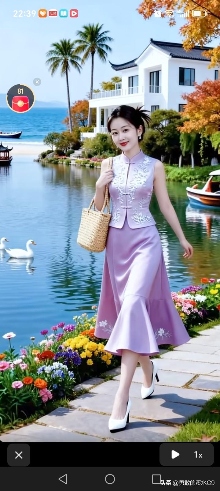 秋日，我漫步湖畔，浅紫裙摆随风飘拂，宛如与秋天赴了一场浪漫之约。
阴天的湖畔格外