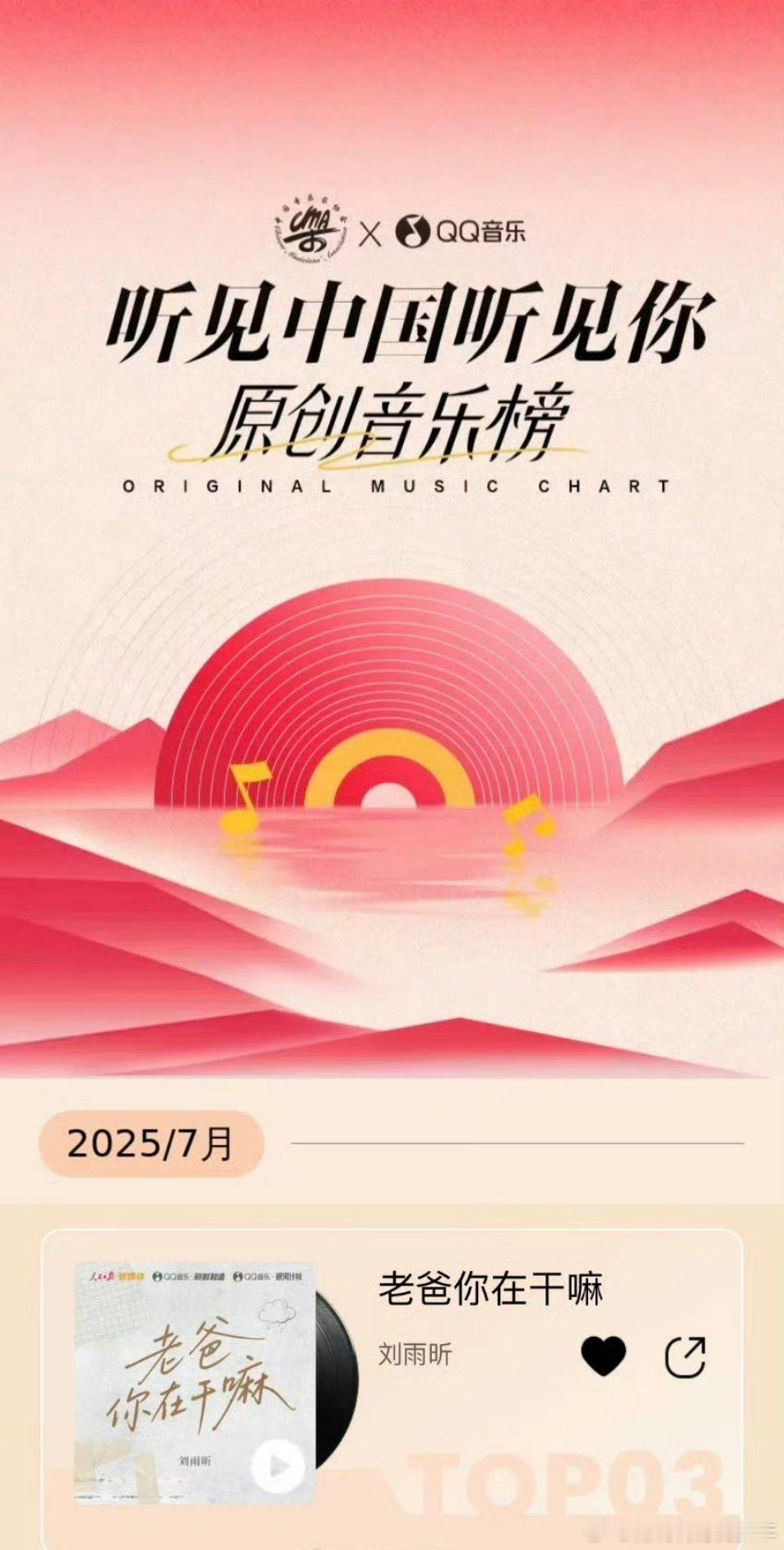 刘雨昕暖心曲《老爸你在干嘛》荣获【听见中国听见你原创音乐榜】第三名🎉🎉恭喜特