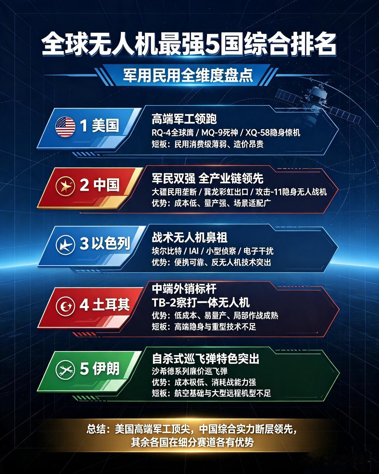 全球无人机最强5国综合排名，军用民用全维度盘点
 
1、第一名：美国
全球军用无