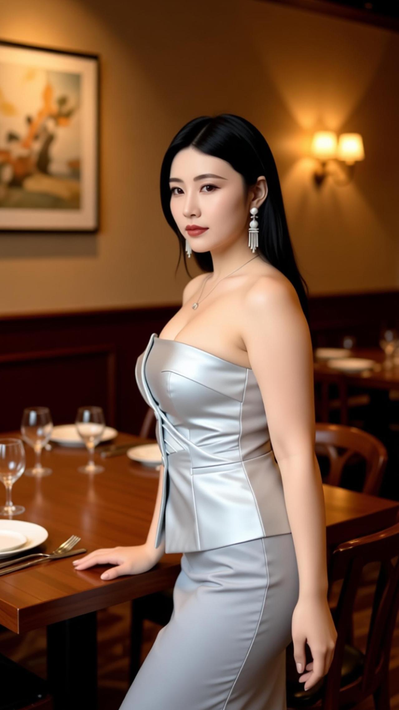 这身浅灰抹胸裙太绝了！缎面质感高级又显贵，收腰设计把身材比例衬得恰到好处，搭配精