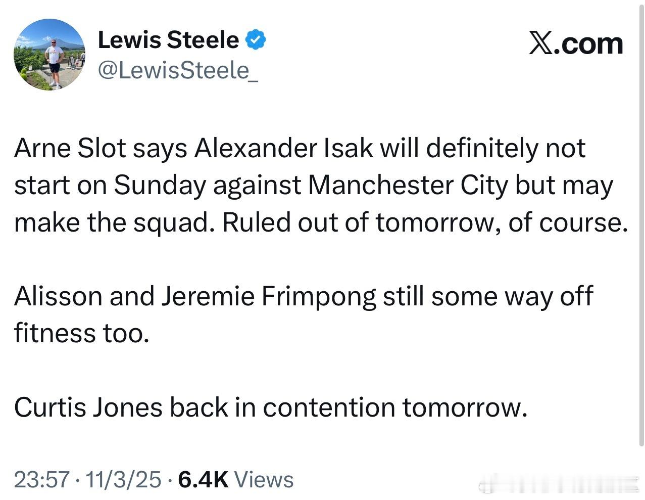 伊萨克的伤病应该是好的差不多了，明天的比赛不能踢但是没准可以进入对阵曼城的比赛大