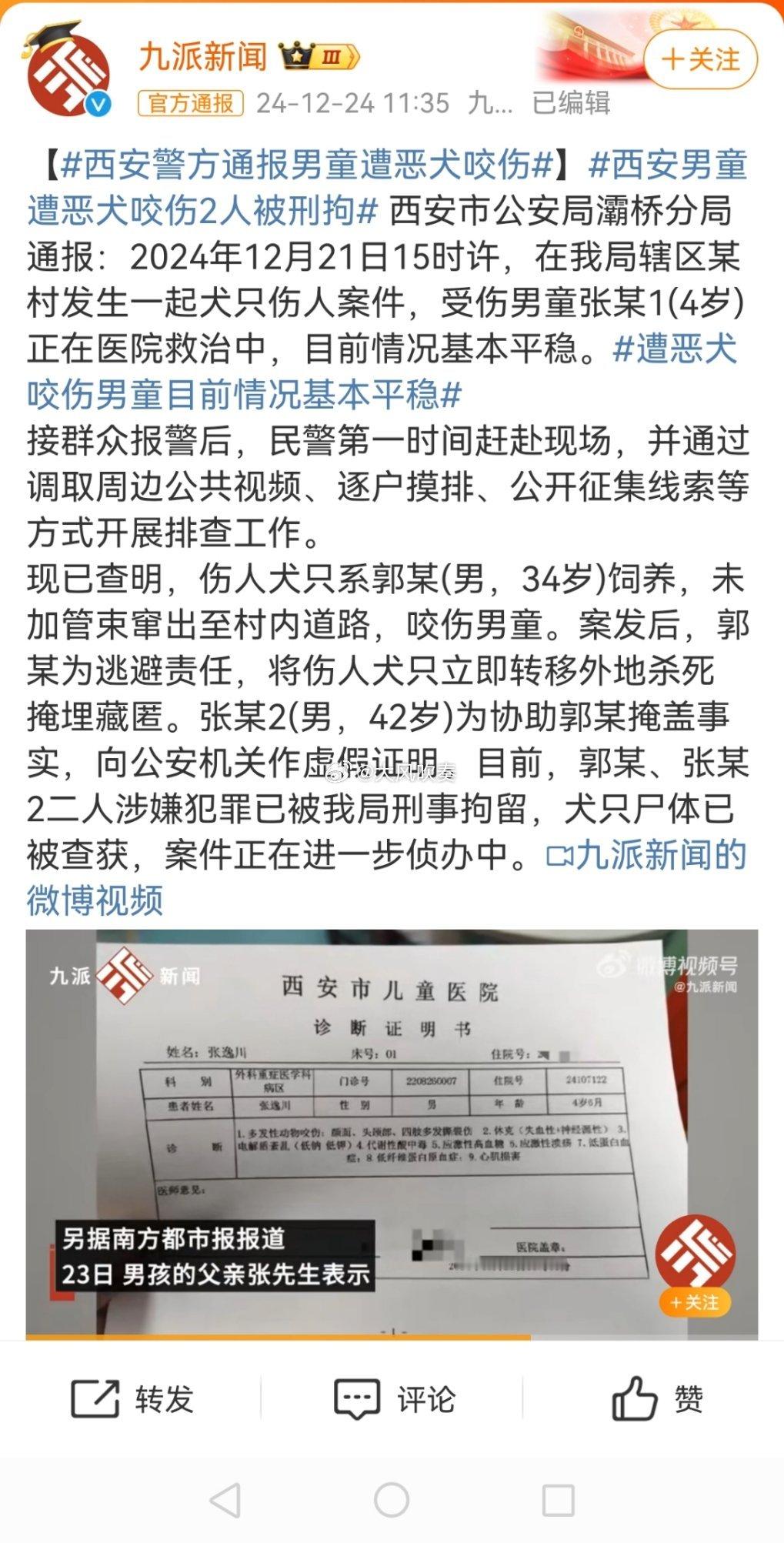 西安警方通报男童遭恶犬咬伤 犬主人涉嫌以危险方法危害公共安全罪，另一个涉嫌帮助毁