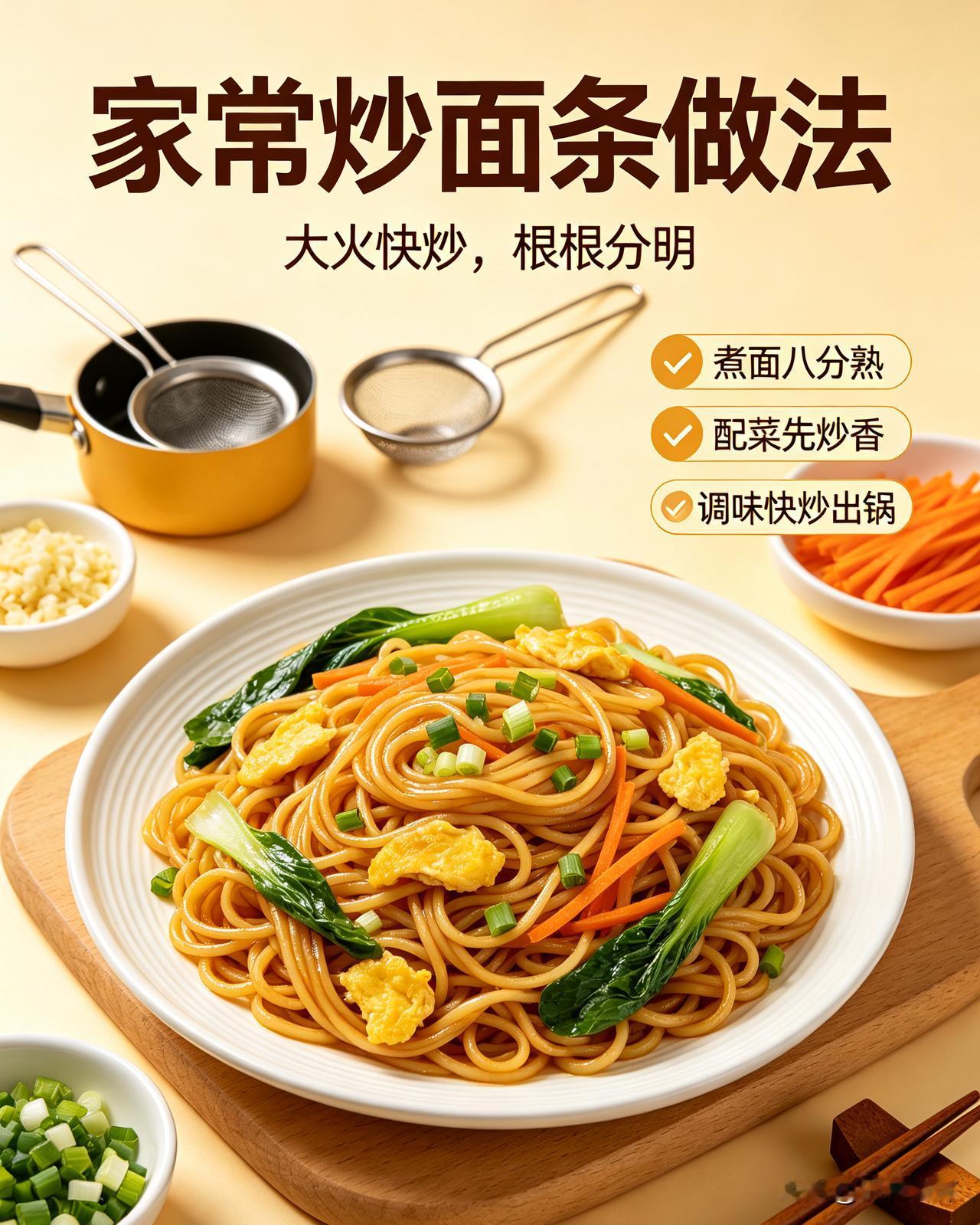 水开下面条，煮至八分熟捞出，过凉水沥干，拌少许食用油防粘。
 
锅中倒油，打入鸡