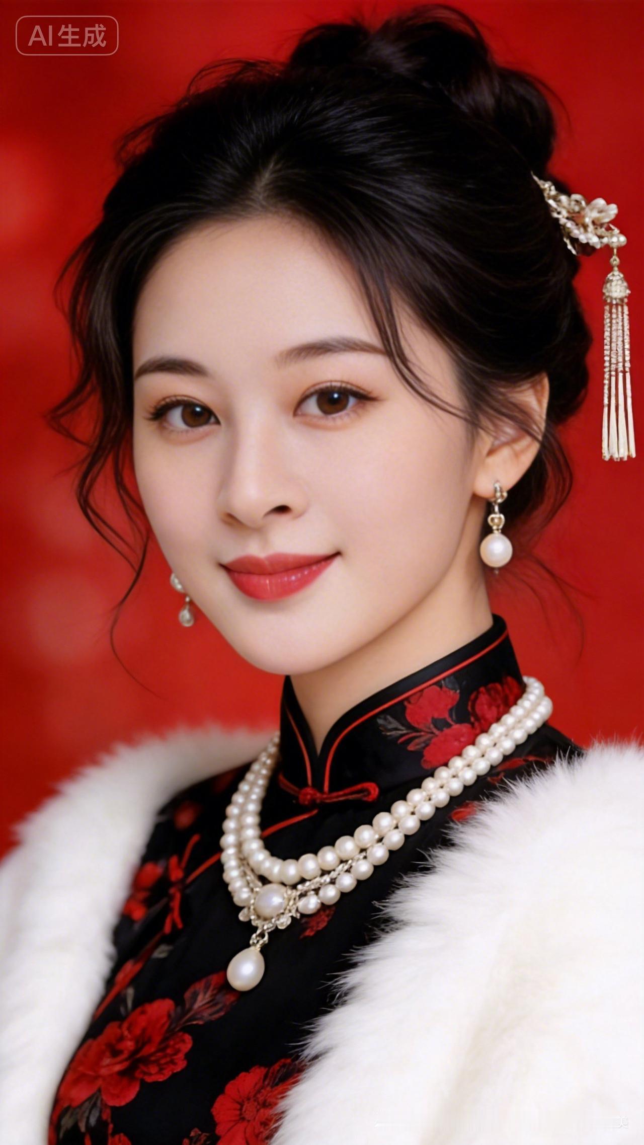 优雅复古风，珍珠与黑红旗袍的完美结合，尽显东方韵味。