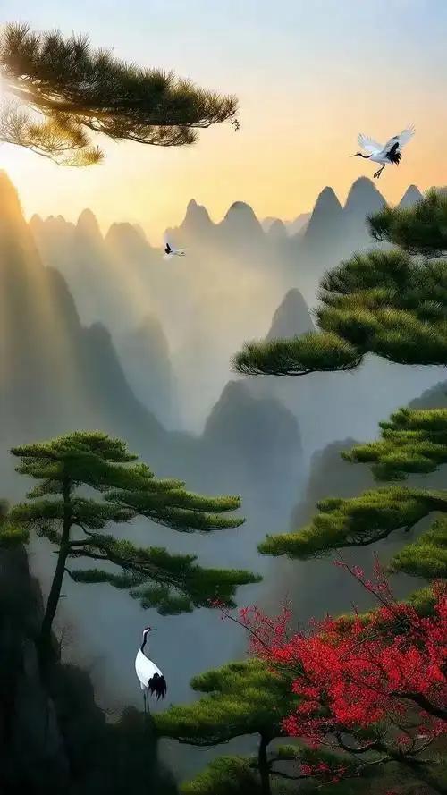 上联:双鹿听溪云绕涧
下联:群鹤观松霞映川