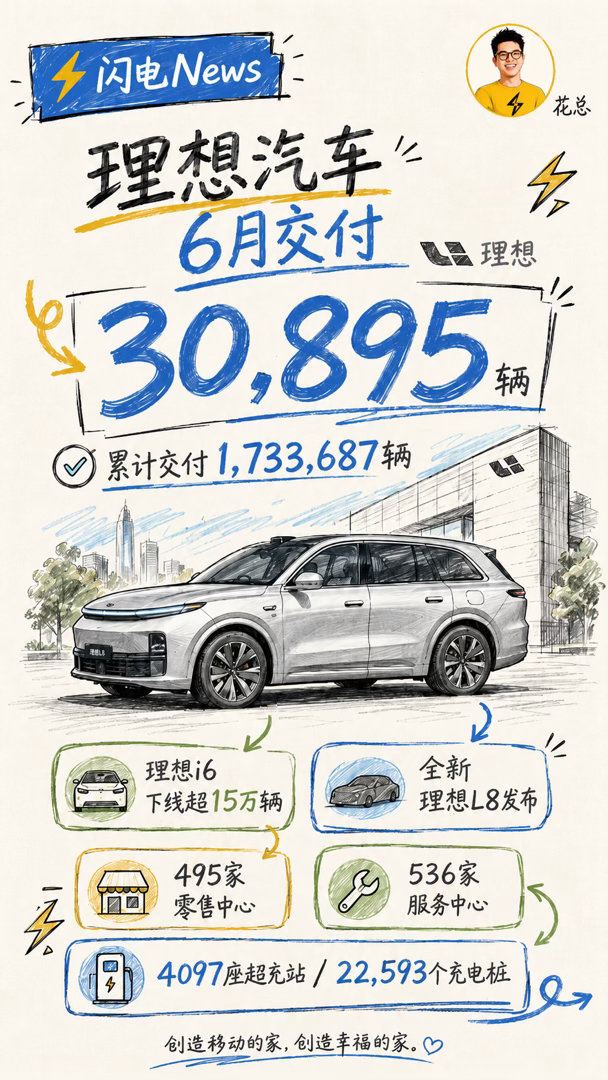 各家车企开始公布7月的销售收据了：理想汽车2026年6月交付30895辆，历史累