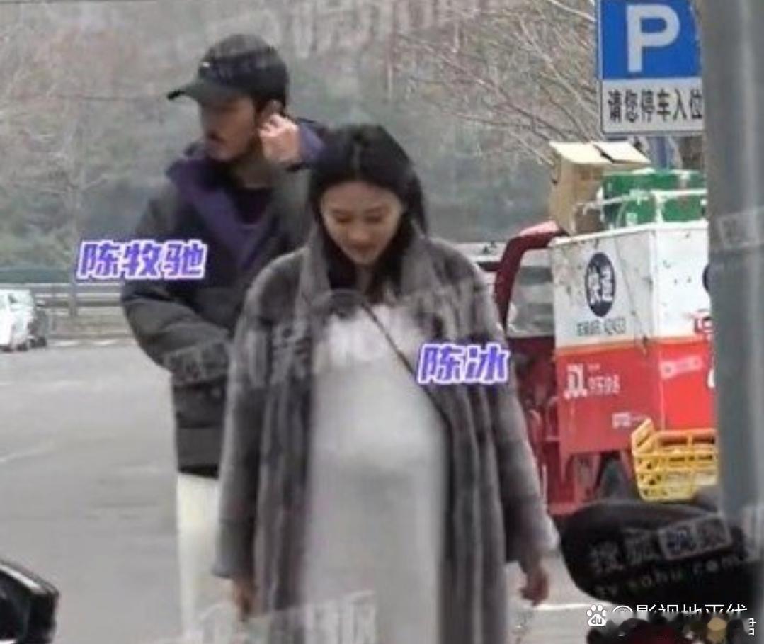 陈冰挺孕肚和陈牧驰逛街近日，陈冰挺孕肚与陈牧驰外出逛街，她身穿皮草外套，高挺孕肚