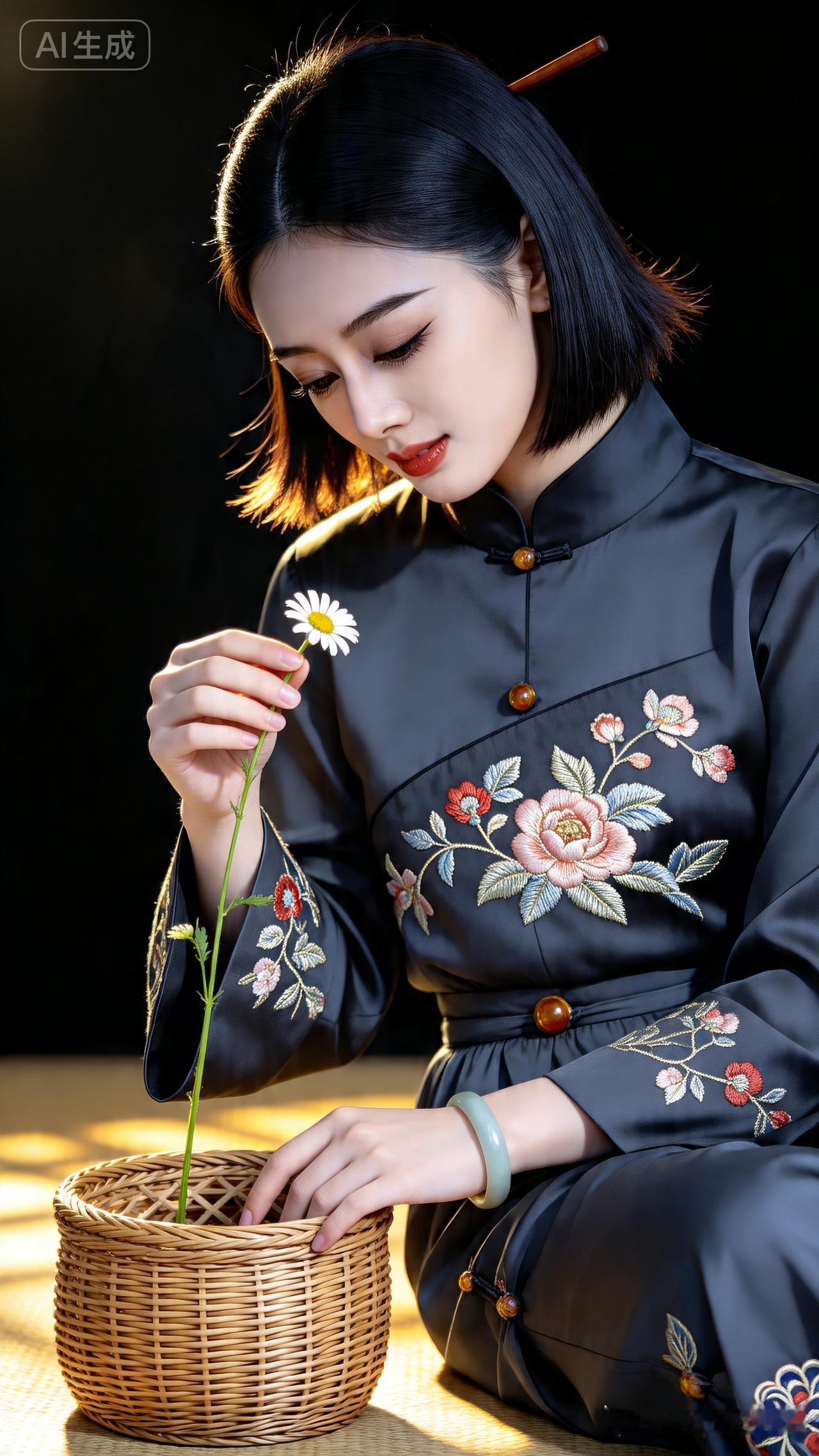 黑纱旗袍的东方韵味，手持雏菊的优雅姿态，尽显古典美。