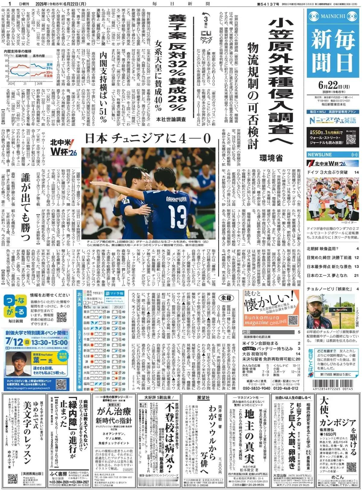 《每日新闻》头版报道称，关于被引入小笠原群岛（东京）的入侵物种，该岛是联合国教科