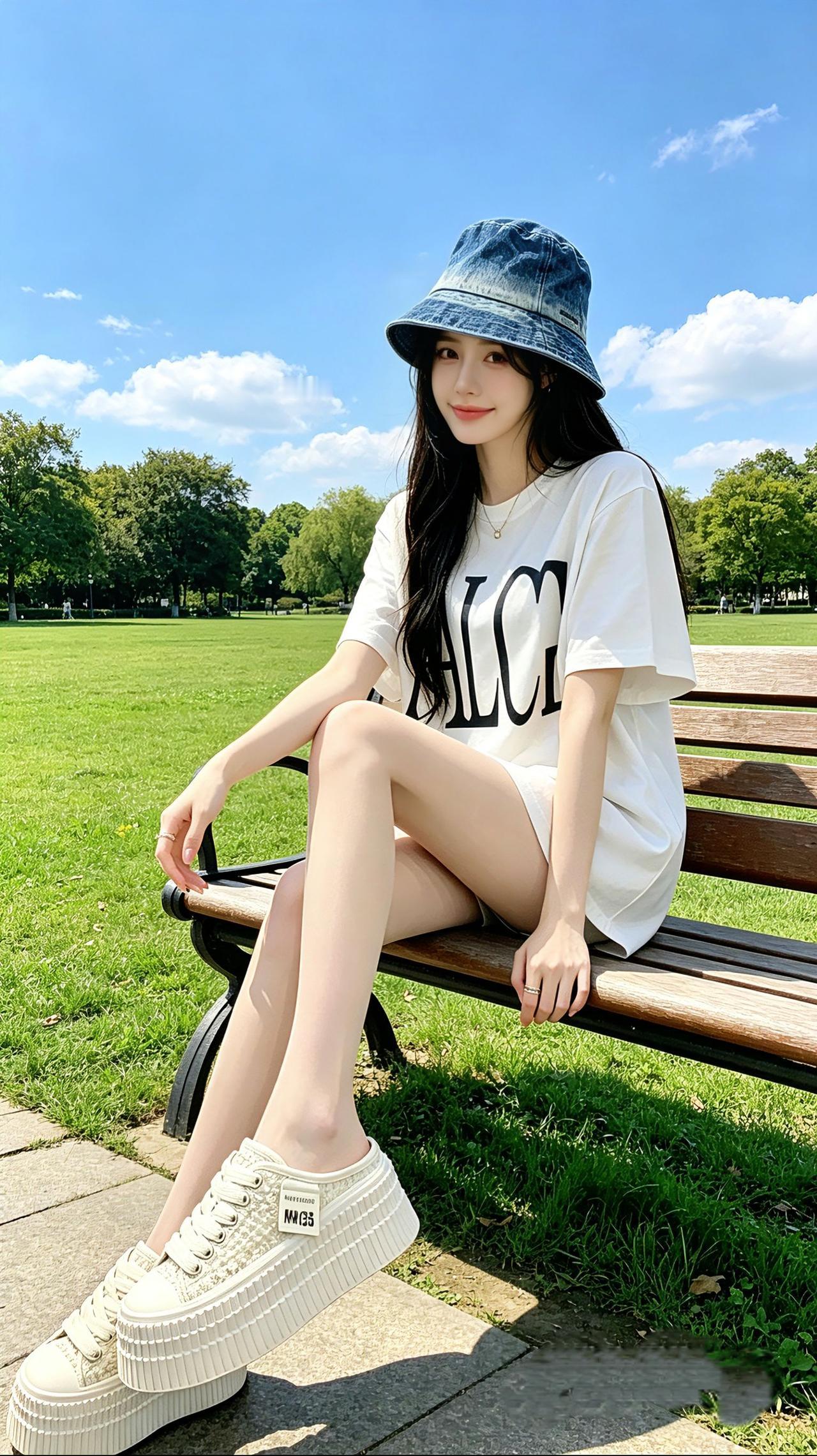 准备好五一去哪玩了吗？蓝天草坪里，白T裹着慵懒松弛，下衣失踪+厚底鞋又添了甜酷随